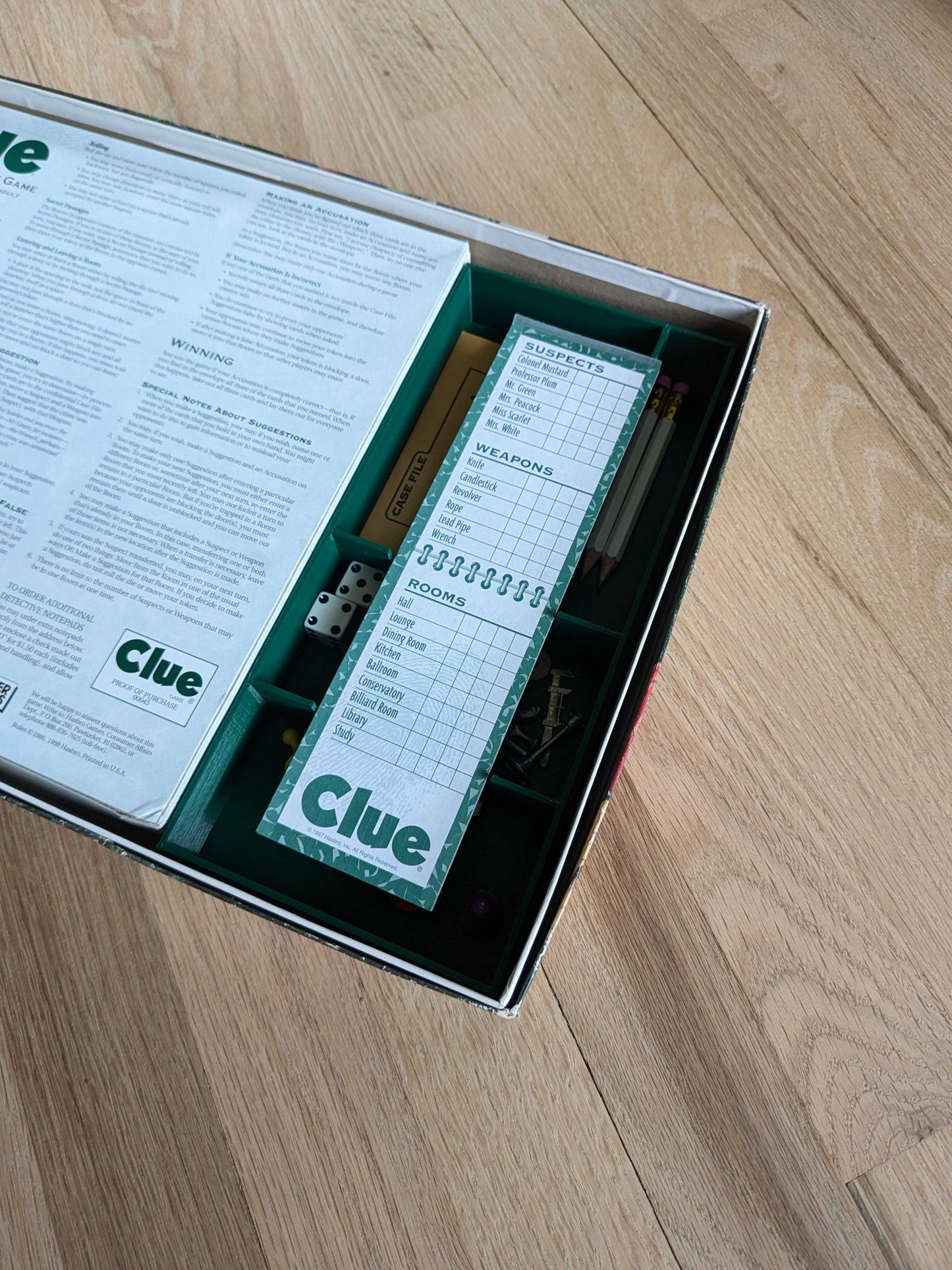 1998 Clue Board Game - Improved, Custom, Game Piece Organizer